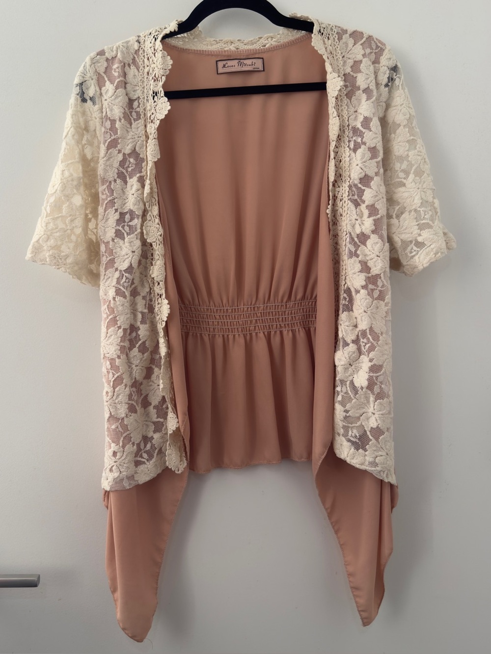 Loves Mitsuki Japan Lace Trim Open-Front Cardigan Blush Cream One Size Fits Most
